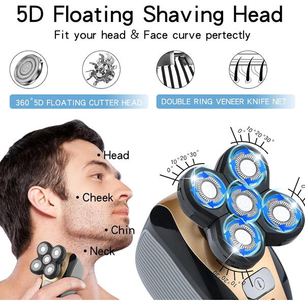 Aparat fara fir de ras, barbierit si tuns, 6 lame, 3 capete interschimbabile, 5 accesorii, IPX6, 600 mAh, USB, 9 x 7.5 x 8 cm, Negru