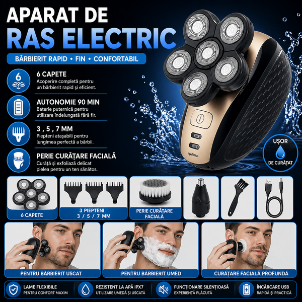 Aparat fara fir de ras, barbierit si tuns, 6 lame, 3 capete interschimbabile, 5 accesorii, IPX6, 600 mAh, USB, 9 x 7.5 x 8 cm, Negru