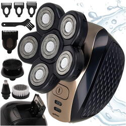 Aparat fara fir de ras, barbierit si tuns, 6 lame, 3 capete interschimbabile, 5 accesorii, IPX6, 600 mAh, USB, 9 x 7.5 x 8 cm, Negru