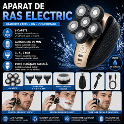Aparat fara fir de ras, barbierit si tuns, 6 lame, 3 capete interschimbabile, 5 accesorii, IPX6, 600 mAh, USB, 9 x 7.5 x 8 cm, Negru