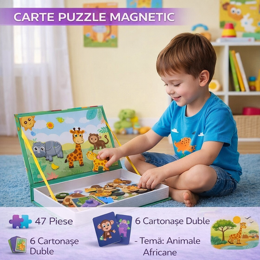 SMARTECH Carte tip Puzzle Magnetic , Set 47 magneti, 6 Cartonase Duble, Tema Animale