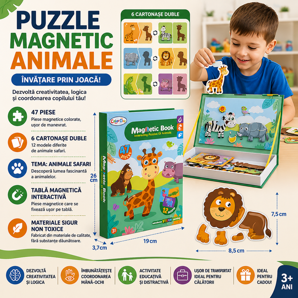 Carte tip Puzzle Magnetic , Set 47 magneti, 6 Cartonase Duble, Tema Animale
