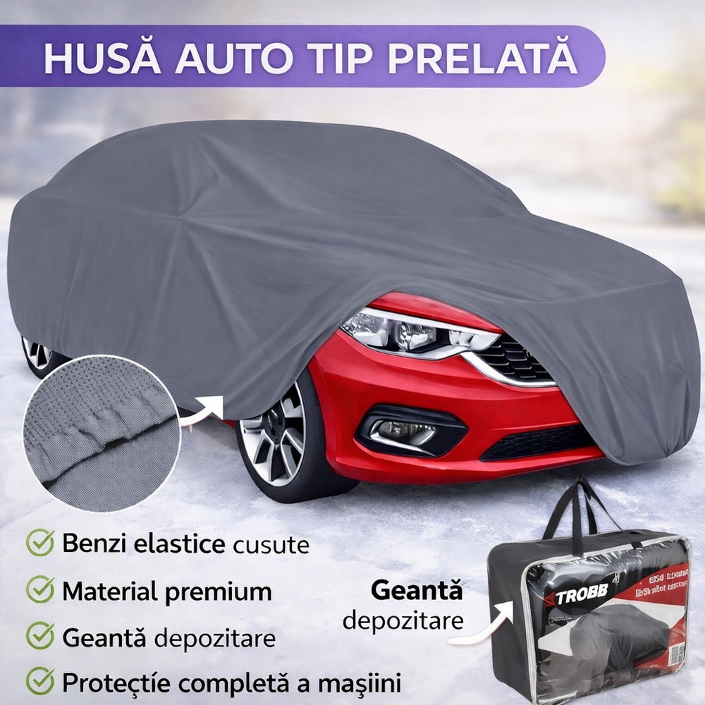 SMARTECH Husa Prelata Auto Mare Rezistenta la Razele UV, 572x180x120cm, Nu Ingheata pe Caroserie, Margini Duble Intarite, Benzi Elastice Cusute in Fata si in Spate care va Permit sa Fixati Husa de Bara de Protectie, Set cu Geanta, Gri