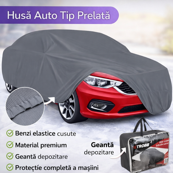 Husa Prelata Auto Mare Rezistenta la Razele UV, 572x180x120cm, Nu Ingheata pe Caroserie, Margini Duble Intarite, Benzi Elastice Cusute in Fata si in Spate care va Permit sa Fixati Husa de Bara de Protectie, Set cu Geanta, Gri