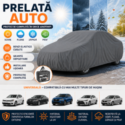 Husa Prelata Auto Mare Rezistenta la Razele UV, 572x180x120cm, Nu Ingheata pe Caroserie, Margini Duble Intarite, Benzi Elastice Cusute in Fata si in Spate care va Permit sa Fixati Husa de Bara de Protectie, Set cu Geanta, Gri