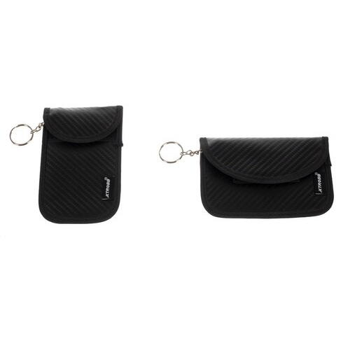 Set 2 husa protectie antifurt pentru chei si carduri, Cu carabiniera, Inchidere velcro, Neagra, Blocarea undelor radio 10 - 30 kHz, 9 x 13/ 8.5 x 13 cm