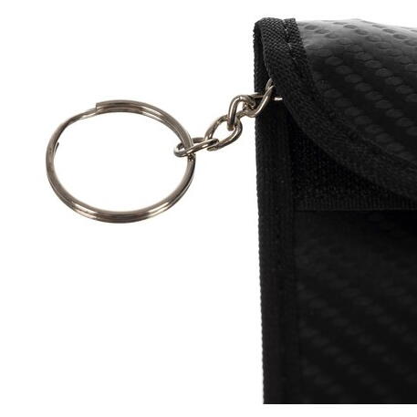 Set 2 husa protectie antifurt pentru chei si carduri, Cu carabiniera, Inchidere velcro, Neagra, Blocarea undelor radio 10 - 30 kHz, 9 x 13/ 8.5 x 13 cm