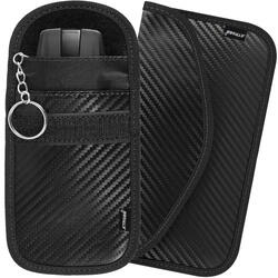 Set 2 husa protectie antifurt pentru chei si carduri, Cu carabiniera, Inchidere velcro, Neagra, Blocarea undelor radio 10 - 30 kHz, 9 x 13/ 8.5 x 13 cm