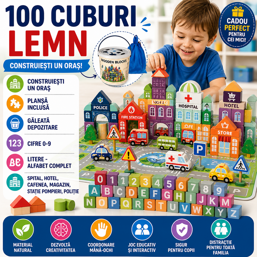SMARTECH Joc cuburi lemn Oras colorat, 100 piese de construit, Dezvoltare motrica si inteligenta copii