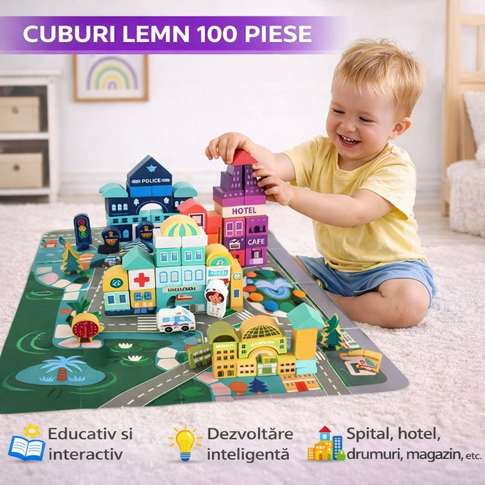 SMARTECH Joc cuburi lemn Oras colorat, 100 piese de construit, Dezvoltare motrica si inteligenta copii