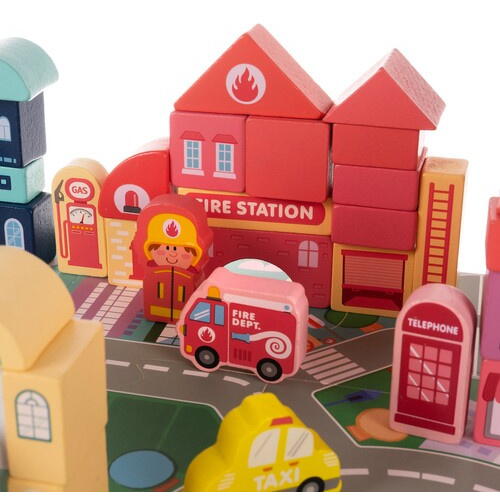 Joc cuburi lemn Oras colorat, 100 piese de construit, Dezvoltare motrica si inteligenta copii