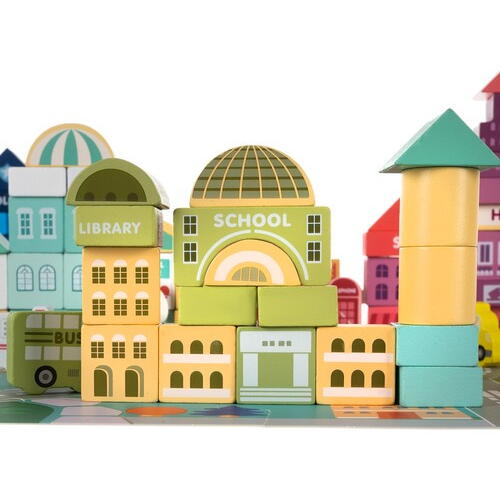 Joc cuburi lemn Oras colorat, 100 piese de construit, Dezvoltare motrica si inteligenta copii