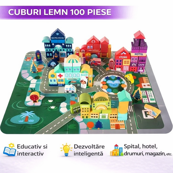 Joc cuburi lemn Oras colorat, 100 piese de construit, Dezvoltare motrica si inteligenta copii