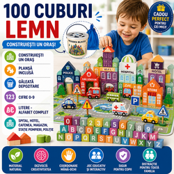 Joc cuburi lemn Oras colorat, 100 piese de construit, Dezvoltare motrica si inteligenta copii