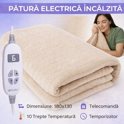 Patura electrica incalzita, Moale, Dubla, 180 x 130 cm, 10 trepte temperatura, Temporizator, Telecomanda cu afisaj, Spalare masina, Bej