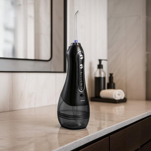 Irigator bucal profesional portabil, 5 moduri, 8 duze, 300 ml, 2500 mAh, IPX7, pentru dinti, gingii, limba si nas, Negru