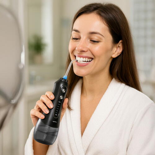 Irigator bucal profesional portabil, 5 moduri, 8 duze, 300 ml, 2500 mAh, IPX7, pentru dinti, gingii, limba si nas, Negru