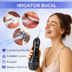 Irigator bucal profesional portabil, 5 moduri, 8 duze, 300 ml, 2500 mAh, IPX7, pentru dinti, gingii, limba si nas, Negru