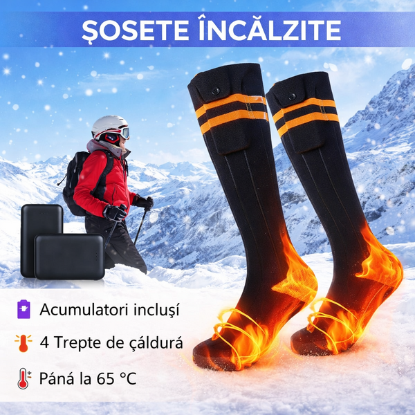 Set Sosete Incalzite Electric, cu Power Banks Incluse, 4 Trepte de Caldura, ReincarcabilE, Baterie mare de 4000 mAh, durata lunga de viata pana la 65 °C zona mare de incalzire, control prin butoane, Marimea 37-46, Negru