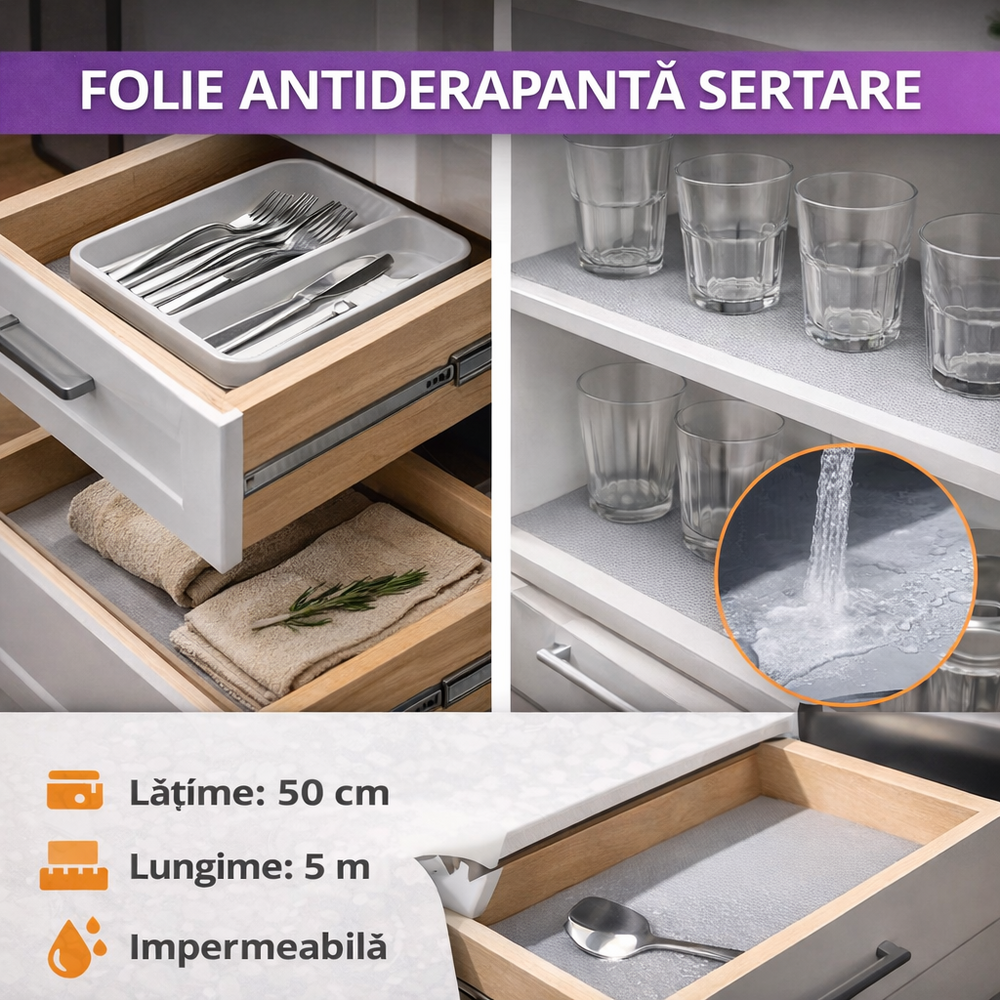 SMARTECH Folie antiderapanta pentru sertare, Impermeabila, Grosime 0.7 mm, 500 x 50 cm, Gri