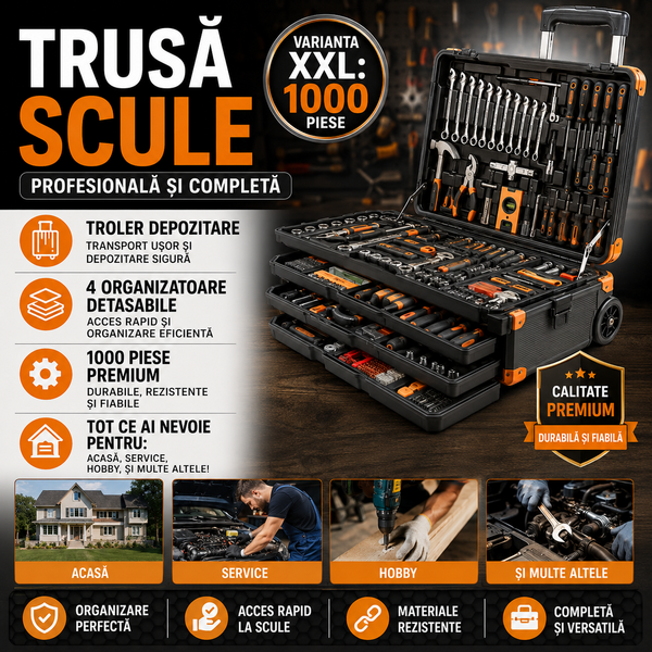 BIGSTREN Trusa de 1000 scule XXL tip troler, Otel Crom-Vanadiu, 4 Organizatoare Detasabile, Manere Antiderapante, Varfuri Magnetice, 50 x 37 x 20 cm