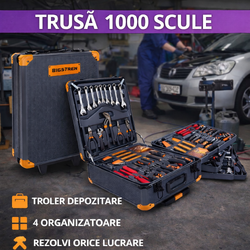 Trusa de 1000 scule XXL tip troler, Otel Crom-Vanadiu, 4 Organizatoare Detasabile, Manere Antiderapante, Varfuri Magnetice, 50 x 37 x 20 cm