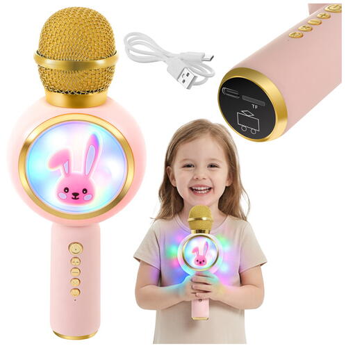 Microfon de karaoke pentru copii, Model Iepuras, Compatibil Bluetooth, Silentios, Fara fir, Roz