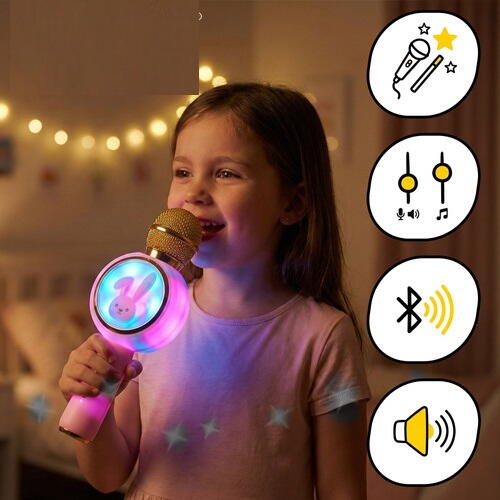 Microfon de karaoke pentru copii, Model Iepuras, Compatibil Bluetooth, Silentios, Fara fir, Roz