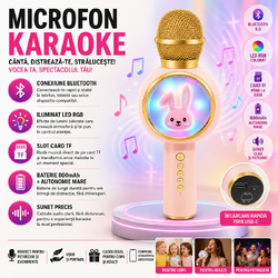 Microfon de karaoke pentru copii, Model Iepuras, Compatibil Bluetooth, Silentios, Fara fir, Roz