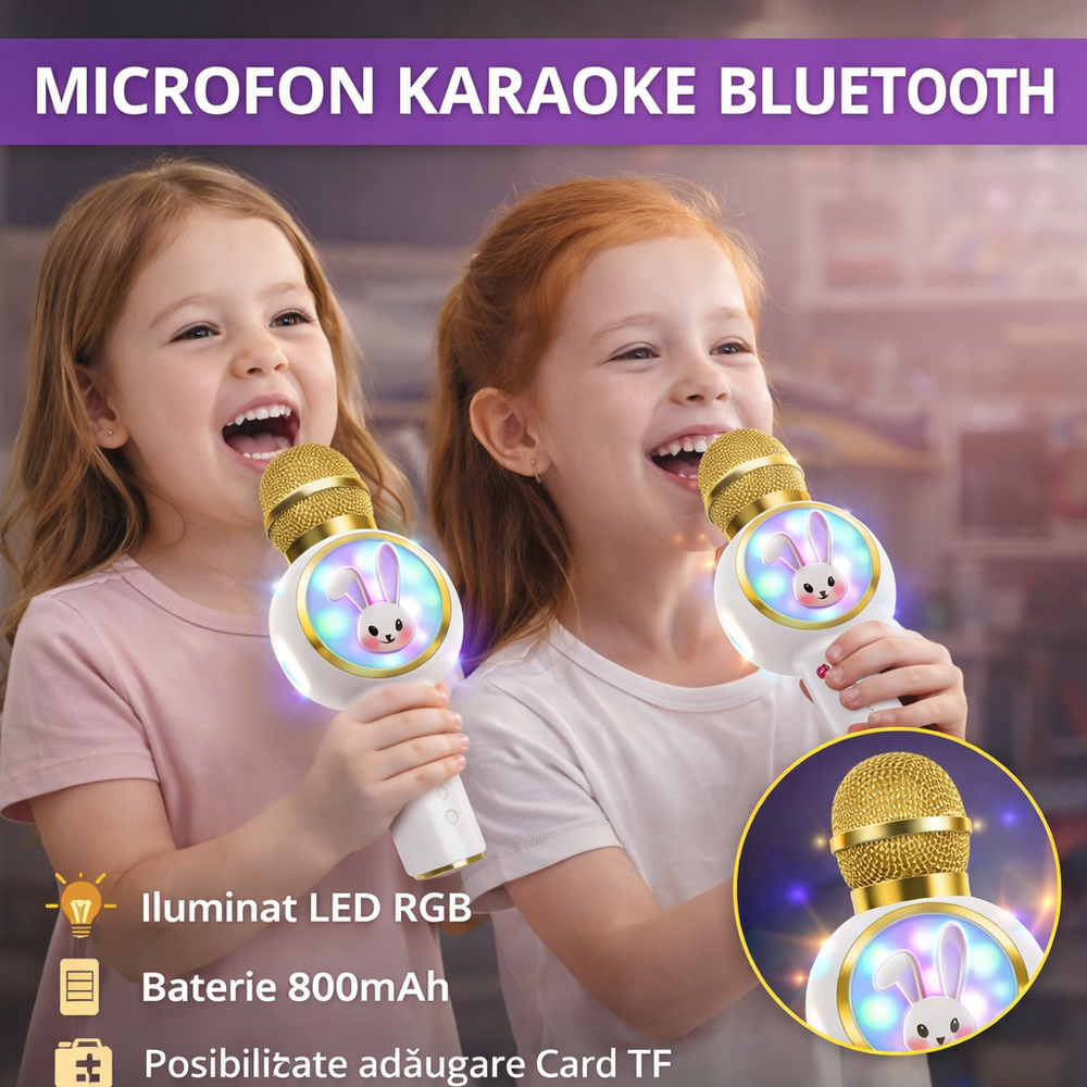 SMARTECH Microfon de karaoke pentru copii, Model Iepuras, Compatibil Bluetooth, Silentios, Fara fir, Alb