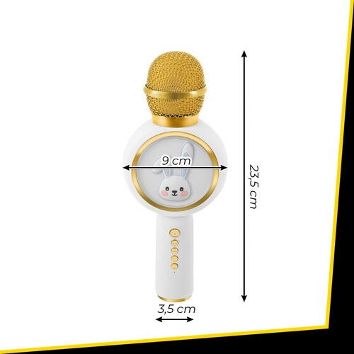 Microfon de karaoke pentru copii, Model Iepuras, Compatibil Bluetooth, Silentios, Fara fir, Alb