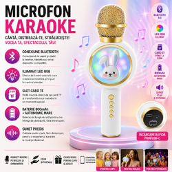 Microfon de karaoke pentru copii, Model Iepuras, Compatibil Bluetooth, Silentios, Fara fir, Alb