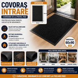 Covoras intrare, Antimurdarie, Antiderapant, 60x90 cm, Negru