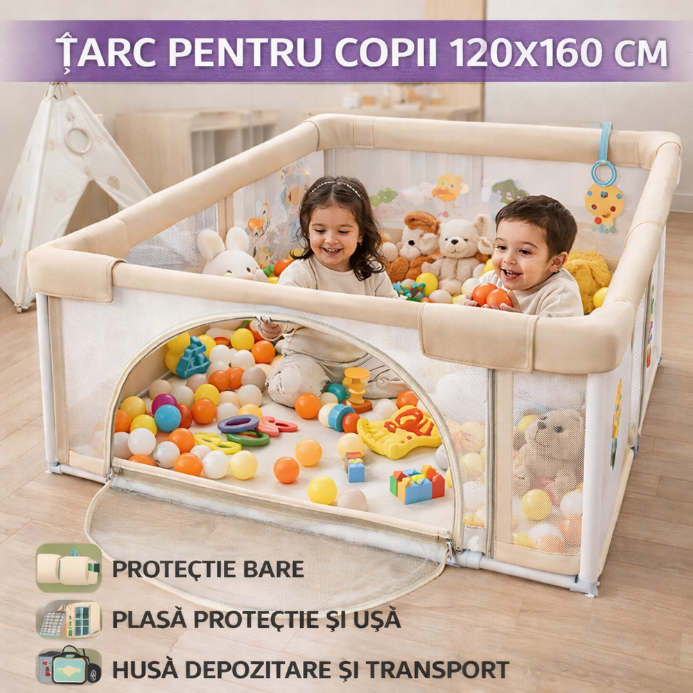 SMARTECH Tarc de joaca pentru copii, centru de activitati, interior si exterior, cu plasa de protectie si usa, bile incluse, protectie bare, XL 120x160cm Multicolor