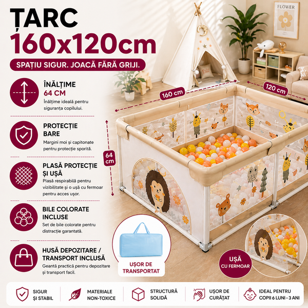Tarc de joaca pentru copii, centru de activitati, interior si exterior, cu plasa de protectie si usa, bile incluse, protectie bare, XL 120x160cm Multicolor