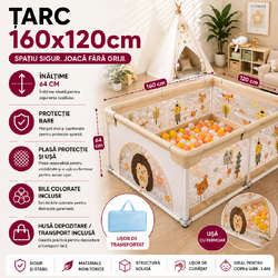 Tarc de joaca pentru copii, centru de activitati, interior si exterior, cu plasa de protectie si usa, bile incluse, protectie bare, XL 120x160cm Multicolor