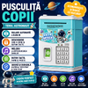 Pusculita pentru copii tip seif, Cod pin si amprenta, Muzica, Rulare automata a banilor, Cute Space, Bleu