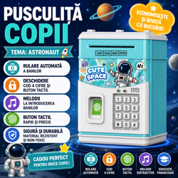 Pusculita pentru copii tip seif, Cod pin si amprenta, Muzica, Rulare automata a banilor, Cute Space, Bleu