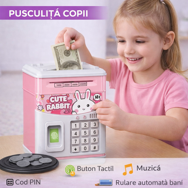 Pusculita pentru copii tip seif, Cod pin si amprenta, Muzica, Rulare automata a banilor, Cute Rabbit, Roz