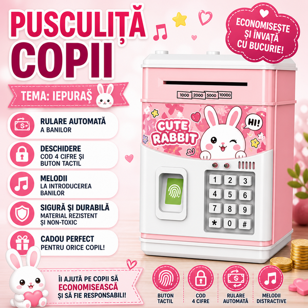 Pusculita pentru copii tip seif, Cod pin si amprenta, Muzica, Rulare automata a banilor, Cute Rabbit, Roz