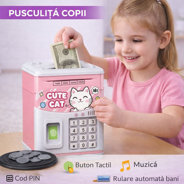 Pusculita pentru copii tip seif, Cod pin si amprenta, Muzica, Rulare automata a banilor, Cute Cat, Roz
