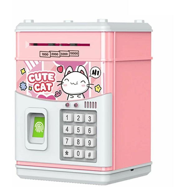 Pusculita pentru copii tip seif, Cod pin si amprenta, Muzica, Rulare automata a banilor, Cute Cat, Roz