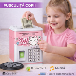 Pusculita pentru copii tip seif, Cod pin si amprenta, Muzica, Rulare automata a banilor, Cute Cat, Roz