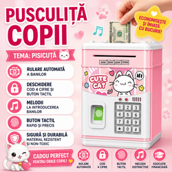Pusculita pentru copii tip seif, Cod pin si amprenta, Muzica, Rulare automata a banilor, Cute Cat, Roz