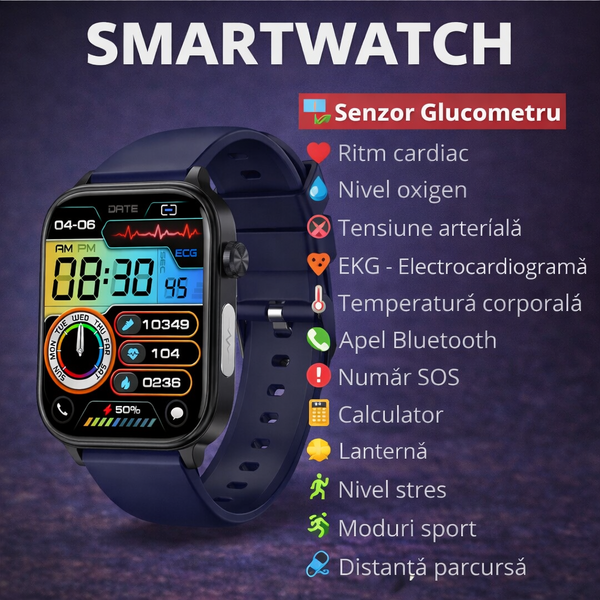SmartWatch cu Apel Bluetooth, Glucometru, Analiza Impedantei Bioelectrice, EKG, HRV, Temperatura Corporala, Ritm Cardiac, Nivel Oxigen, Tensiune Arteriala S887
