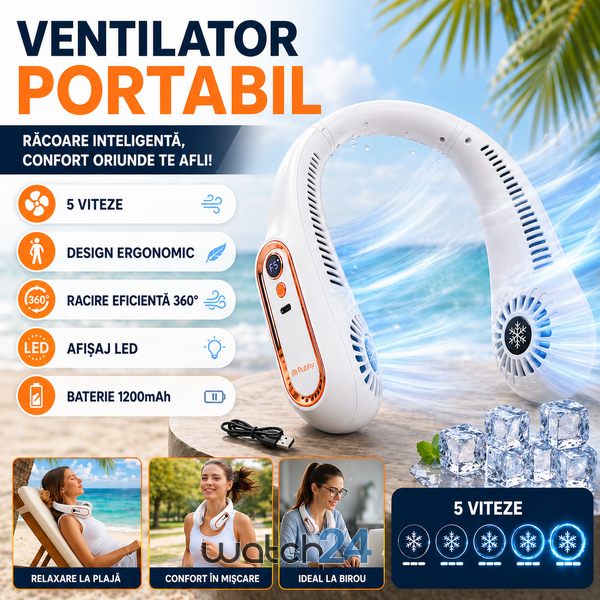 Ventilator portabil de gat, fara pale, 5 viteze, LED, USB-C, 18.5 x 18.5 cm, ABS, culoare Alb