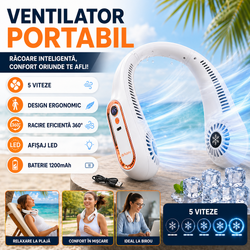 Ventilator portabil de gat, fara pale, 5 viteze, LED, USB-C, 18.5 x 18.5 cm, ABS, culoare Alb
