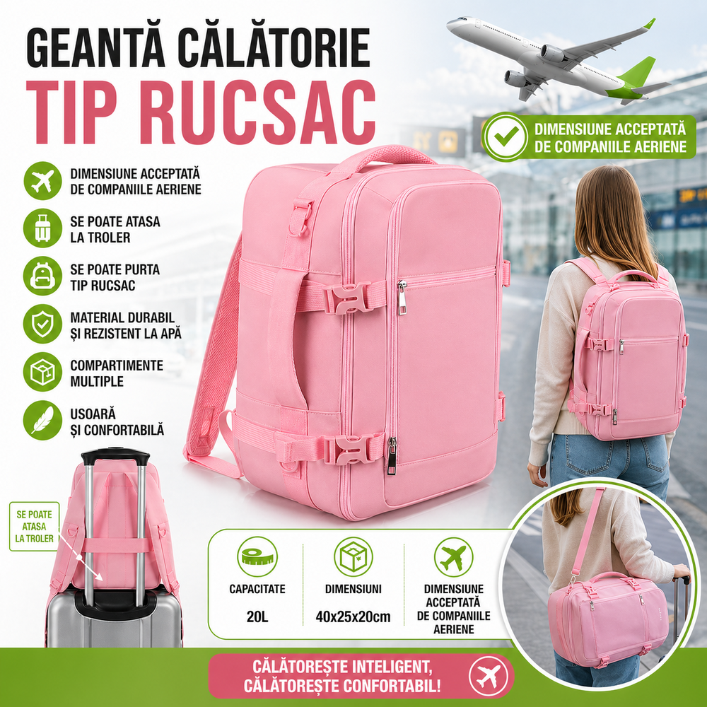 SMARTECH Rucsac de calatorie tip Geanta, 20L, 40x25x20cm, 2 Compartimente, Roz