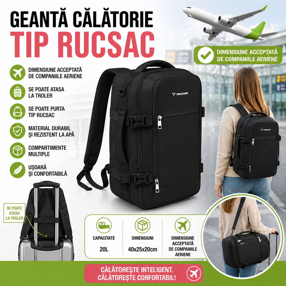 SMARTECH Rucsac de calatorie tip Geanta, 20L, 40x25x20cm, 2 Compartimente, Negru