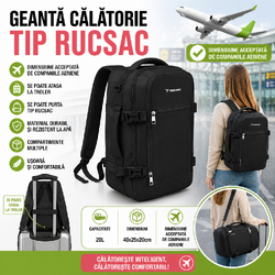 Rucsac de calatorie tip Geanta, 20L, 40x25x20cm, 2 Compartimente, Negru
